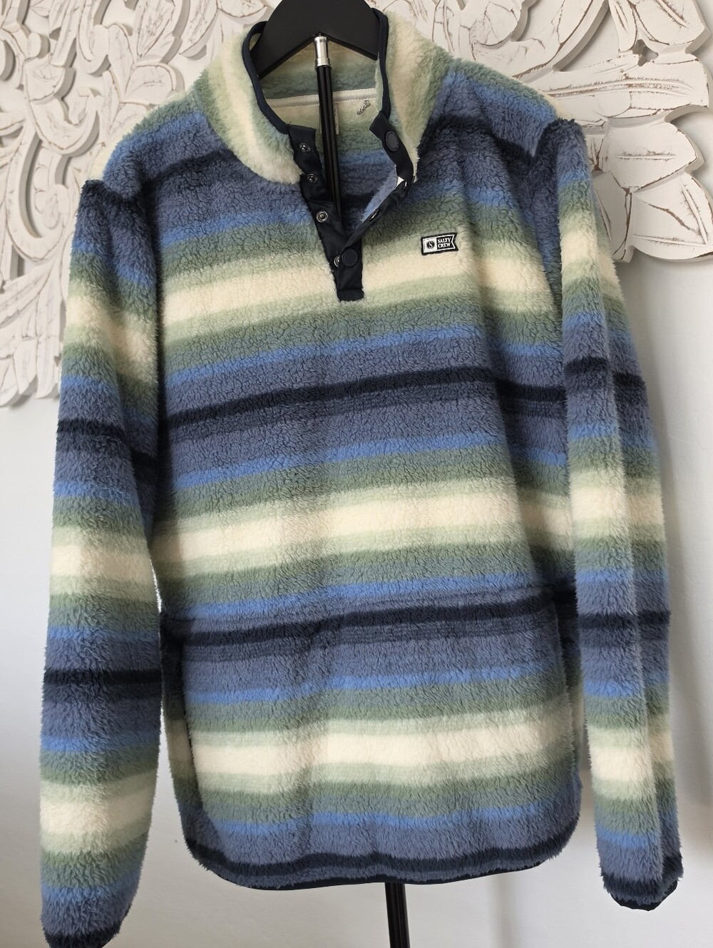 Salty Crew Striped Sherpa Pullover in Blue, Green & Cream